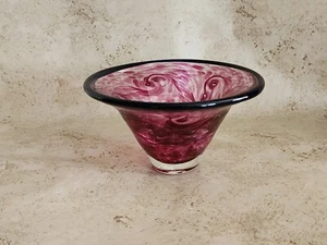 Kunstglas Pat Benoit Rose Wirbel Schale signiert blauer Rand Luftblasen Pontil Mark  - Bild 1 von 14