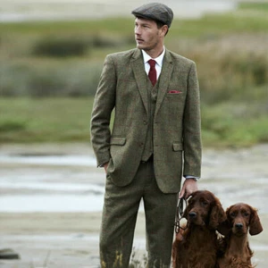 Herren Anzug olivgrün kariert Tweed Vintage Karo Abschlussball Bräutigam Smoking Hochzeit 3-teilig - Bild 1 von 11