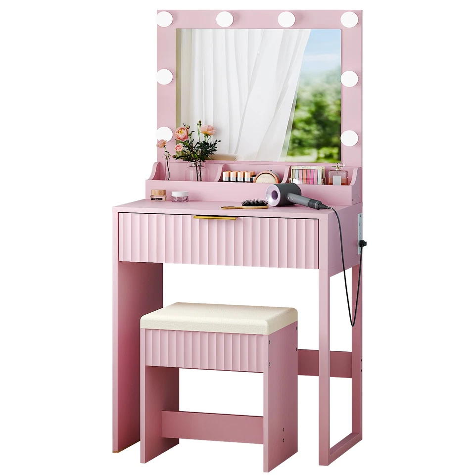 Fluted Vanity Stool Set with LED Mirror & USB Power Outlet Makeup Dressing Table - Image 1 of 1