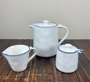 Bread & Butter La Marine Teapot Sugar Creamer Set 3 Pc White Blue Fish Tail Trim - Picture 1 of 15