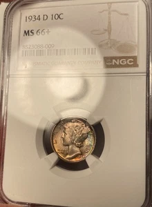 Moneda de diez centavos Mercury 1934-D NGC MS66+ tono arco iris - Imagen 1 de 4