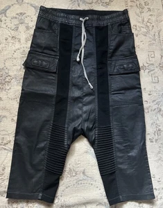 Rick Owens Drkshdw “ Swingers”Black Waxed Denim Drop Crotch Cropped Pants Size L - Picture 1 of 15