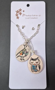 Colgantes intercambiables de búho y pájaro de arcilla collar tono plata con aretes - Imagen 1 de 9