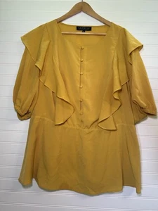 Eloquii Blouse Ladies Plus Sz 2o Flutter Ruffles Flowy Top Short-Sleeve Mustard - Picture 1 of 6