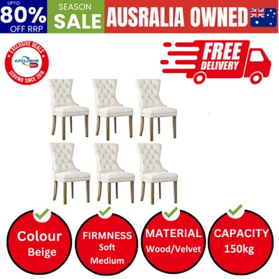 6x Velvet Dining Chairs Upholstered French Provincial Tufted Beige - image 1 of 4