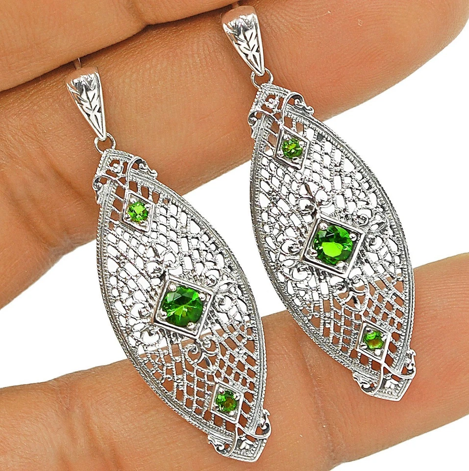 1CT Natural Peridot 925 Solid Sterling Silver Art Nouveau Earrings Jewelry  - Image 1 of 1
