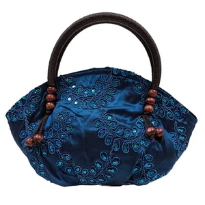 Blue Hobo Bag with Embroidered Floral Patterns Wood Beads & Wrapped Top Handles - Picture 1 of 19