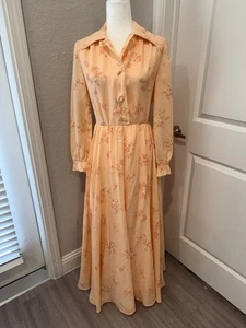Maxi Vestido De Colección Años 70 Melocotón Floral Anfitriona Mangas Largas LDR Priscilla Mediados de Siglo - Imagen 1 de 9