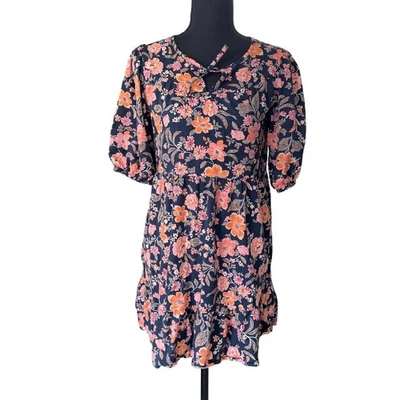 Antiguo Vestido Azul Marino Floral Manga Abullonada Niñas XL 14-16 Azul Marino Rosa Naranja Cottagecore Foto 1 de 4