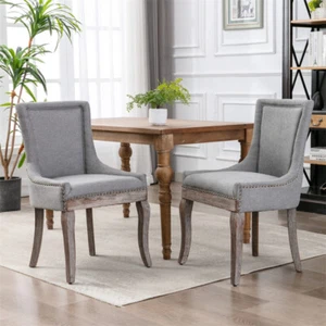 Set of 2 Mid-Century Modern Dining Chair Thickened Fabric w/Wood Legs &Nail Head - Picture 1 of 15