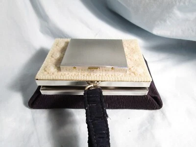 1940s Lee Fran Black Corduroy Vanity Purse-Gilt Silvered Compact-Carry Handle - Image 1 of 4