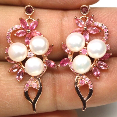 Piedra preciosa 6 mm. Pendientes de perlas blancas y zafiros rosados de plata 925 de oro rosa Foto 1 de 4