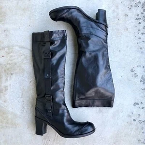 Vic Matie Black Leather Boots Tall Knee High Heeled Heels Buckle Strap Euro 39 - Picture 1 of 7