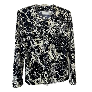 Alfred Dunner blazer navy white flower Women Sz 12 shiny formal long sleeve - Picture 1 of 12