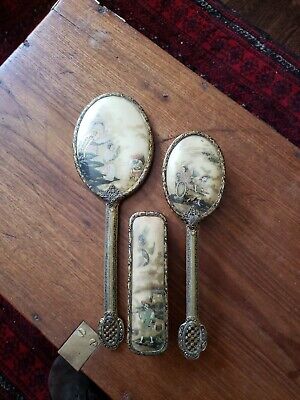 Antique 1940’s Japanese Vanity Oval Table Mirror & Brushes With Oriental  Motifs • 18£