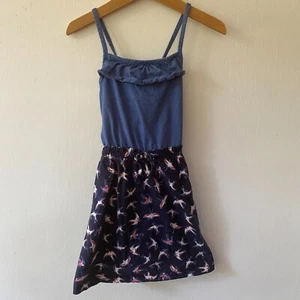 Hanna Andersson Dress Girls Size 6 Kids Bird Print Denim Strappy - Picture 1 of 6