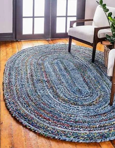 Oval Rug 100% Natural Denim Cotton Area carpet rustic look modern Living rug - Picture 1 of 9