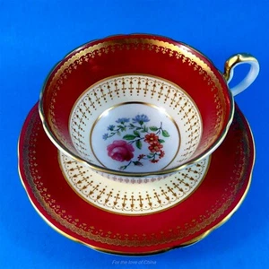Deep Red and Gold with Floral Center Aynsley Tea Cup and Saucer Set - Picture 1 of 4
