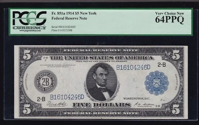 US 1914 $5 FRN New York District FR 851a PCGS 64 PPQ V Ch CU (246) - Image 1 of 2