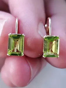 Peridot Labcreated Octagon Cut Leverback Earrings 14kt Solid Yellow Gold - Picture 1 of 12