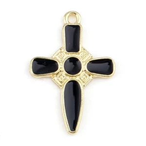 10 Stunning Cross Shaped Gold Tone Pendants with Black Enamel Detail - Picture 1 of 1