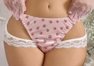 Vtg Styl Pink Floral Glossy Satin & White Lace w Side Hearts Bikini Panty XL NEW - Image 1 of 4