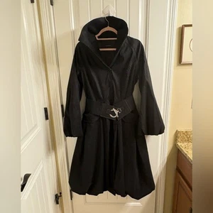 Ashro Vintage Epoca Y2K Nero Orlo a Bolla Trench Vestito Cappotto Cintura Stile Glam M - Foto 1 di 13