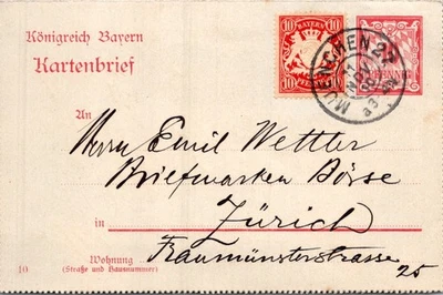 GERMANY 1910 BAYERN UPRATED STATIONERY POSTCARD LETTER ADDR ZURICH CANC MUNCHEN - Image 1 of 4