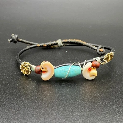 Wire Wrapped Faux Turquoise with Shell & Bead Leather Bracelet - Image 1 of 4