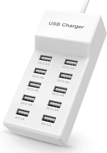 USB White Wall Charger with 10-Port Family-Sized USB Ports for Multiple Devices - Picture 1 of 4