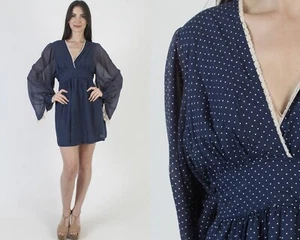 Vtg Swiss Dot Dress Kimono Bell Slv Romantic Boho Wedding Cottagecore Boho Mini - Picture 1 of 7