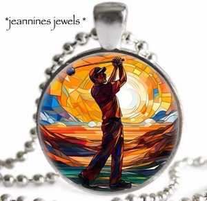 Golf NECKLACE Faux Stained Glass Art Print Silver Charm Golfing Golfer Gift - Picture 1 of 14