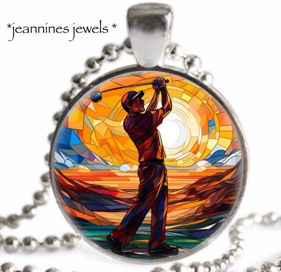 Golf NECKLACE Faux Stained Glass Art Print Silver Charm Golfing Golfer Gift - Image 1 of 4