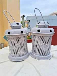 Set of 2 Gray Metal Lantern Candle Holder- Indoor Outdoor Home Decor Centerpiece - Picture 1 of 7