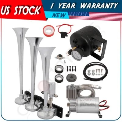 0.5G 150PSI 3 Trumpets Truck Air Horn Tank Compressor Full System For Car Train Foto 1 de 4
