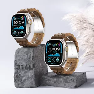 Natural Wood Stainless Steel Metal Strap For Apple Watch Strap Ultra 49 45 44 42 - Picture 1 of 23