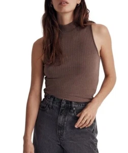 Madewell Side Slit Ribbed Brown Mock Neck Tank Top- Xtra Small - Picture 1 of 5