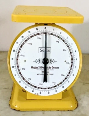SEARS, КУХОННЫЕ ВЕСЫ, ВИНТАЖНЫЕ, ХОРОШО РАБОТАЮТ, ЖЕЛТЫЕ, СЛЕГКА РЖАВЕЮТ, 25 фунтов - Изображение 1 из 4