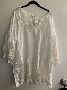 Top túnica Boston Proper para mujer con ribete de ganchillo en L mangas campana algodón blanco nuevo con etiquetas - Imagen 1 de 5