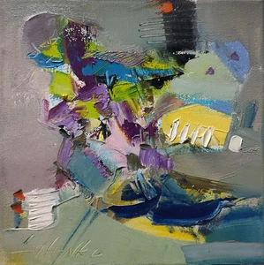 Abstract oil painting 8"x8" Contemporary art, Angel, Gray, Blue, Yellow, Impasto - Picture 1 of 11