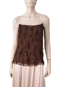 NAEEM KAHN L Feather and Bead Embellished Silk Chiffon Spaghetti Strap Top - Picture 1 of 3