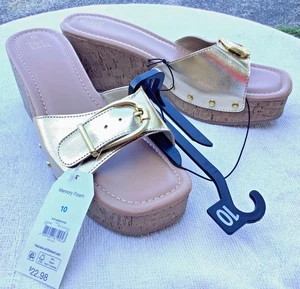 NEW NWT WOMENS CORK PLATFORM SANDALS SZ 10 SLIDES GOLD TIME & TRU ADJ BUCKLE - Picture 1 of 6