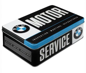 Flat Retro Storage Tin Metal Box 'BMW SERVICE' Licensed 2.5Ltr Hinged Lid MOTOR - Foto 1 di 1
