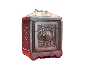 Coin Deposit Combination Safe Bank Grey Iron Cast Iron Toy Angels Grapes Antique - Picture 1 of 5