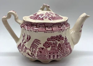 1950s Arthur Wood Olde Willow Red 6"x9" Footed Teapot Made in England Crazing - Picture 1 of 8