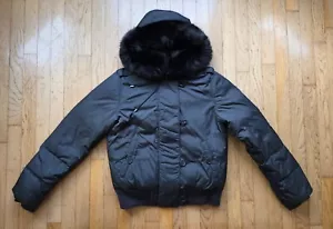 Theory Women’s Black Down Puffer Coat Faux Fur Hood Jacket Size M - Picture 1 of 8