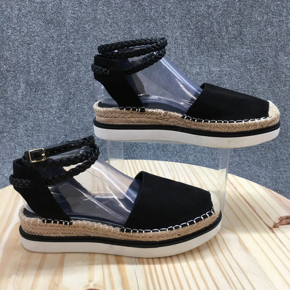 JLO Jennifer Lopez 凉鞋女式 9M Jasmen 踝带帆布鞋黑色编织 — 第 1/4 张图片