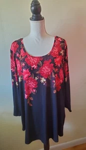 JM Collection Womens Plus 3X Top Tunic Baroque Cascade 3/4 Sleeve Black/Red - Picture 1 of 14