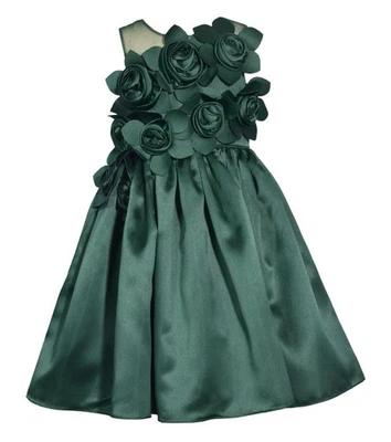 NEW Bonnie Jean Girl Size 7 "GREEN CASCADE ROSETTE" Matte Satin Christmas Dress - Image 1 of 4