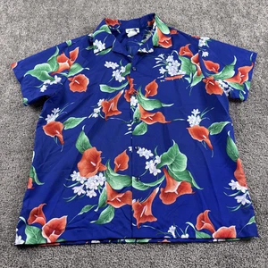 Vintage Hilo Hattie Hawaiian Shirt Mens 2XL Blue Floral Aloha Made USA - Picture 1 of 6